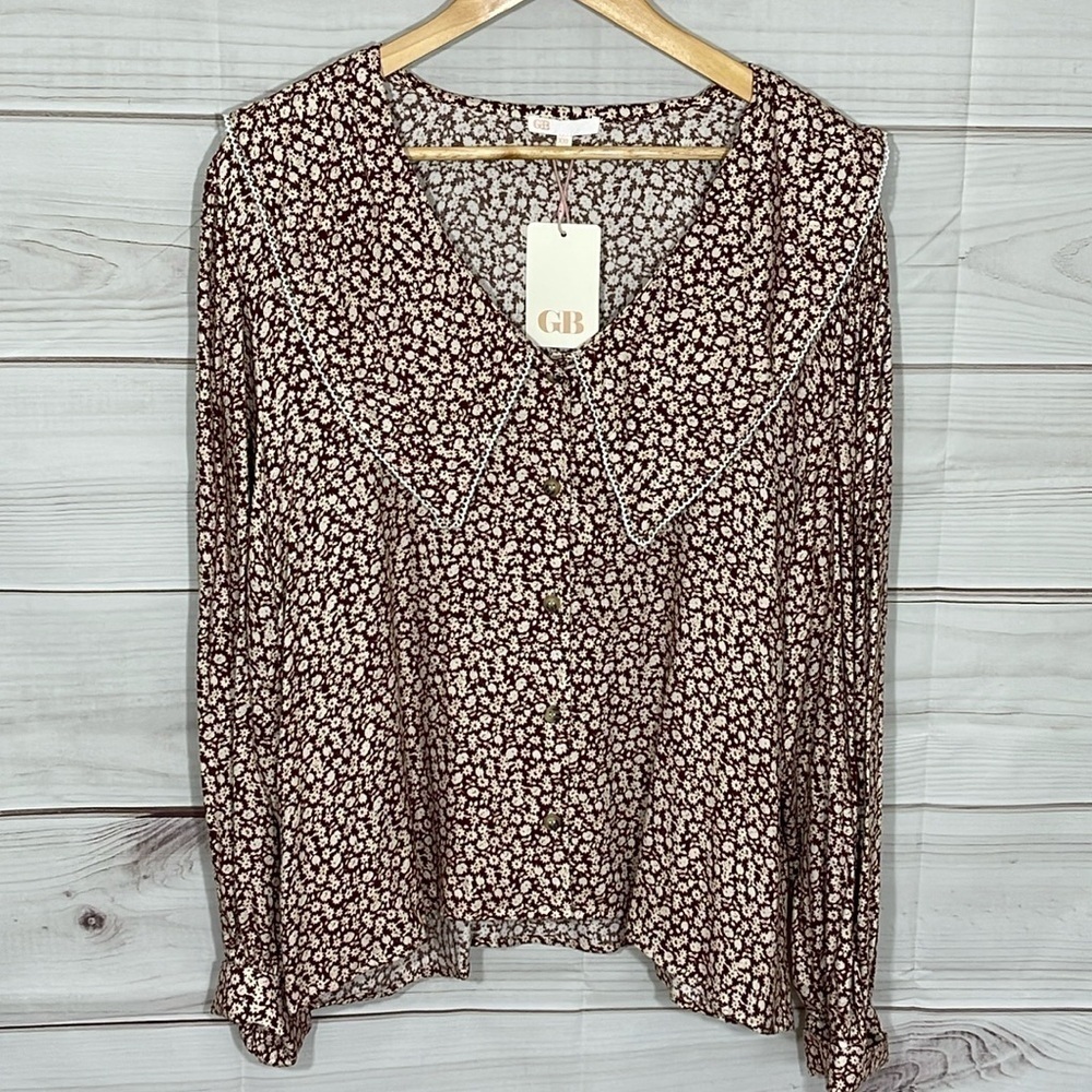 NWT Gianni Bini Burgundy & Cream Floral Long Sleeve Top Size XXL